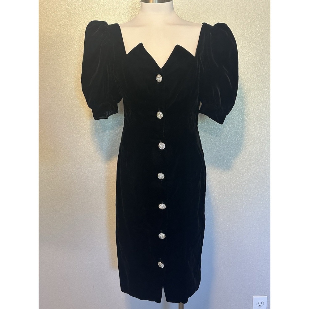 VTG 80s Victor Costa Black Velvet Crystal Button Puff Sleeve Cocktail Dress sz.6